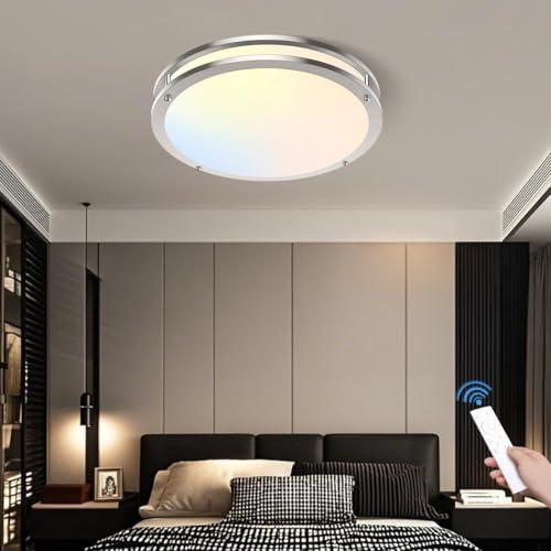 AOMEI 16inch Silver Natural Light Spectrum LED Ceiling Light for Bedroom Living Room - 24W 3000K-6000K, 4-Point Secure Flush Mount Flat Panel, CRI＞97 Round Modern Fixture with Remote Control