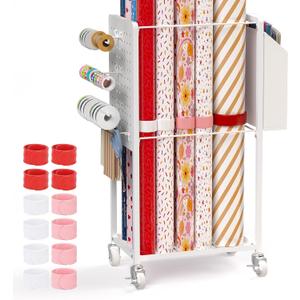 Wrapping Paper Organizer Cart with 12PCS Slap Bands, Rolling Gift Wrapping Organizer Storage Wrapping Paper Station Ribbon Holder, Blueprint Poster Holder, Craft Organizers and Storage