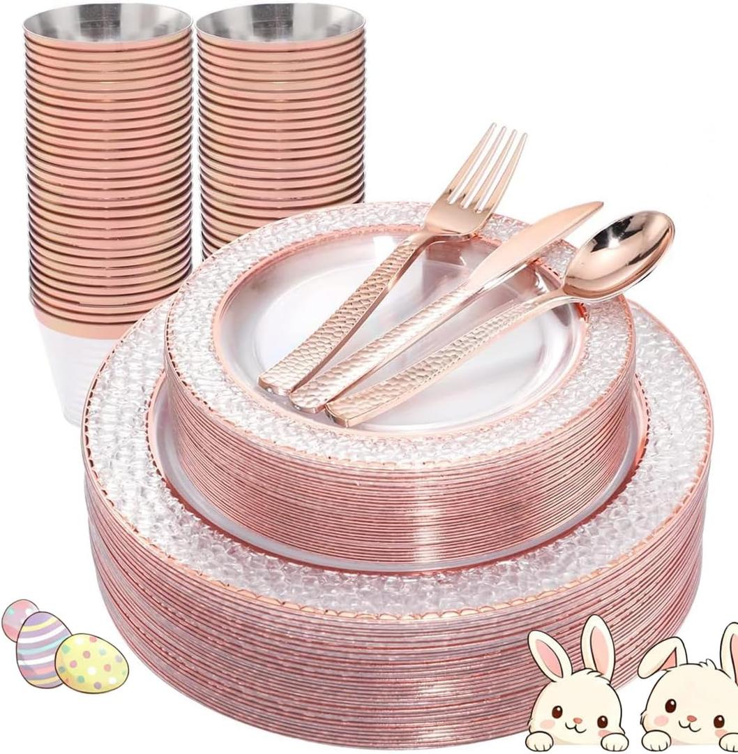 Ciaell 150PCS Rose Gold Plastic Plates  Disposable Plates with Rose Gold Plastic Silverware include 50Plates, 25Forks, 25Knives, 25Spoons, 25Cups for Wedding & Party