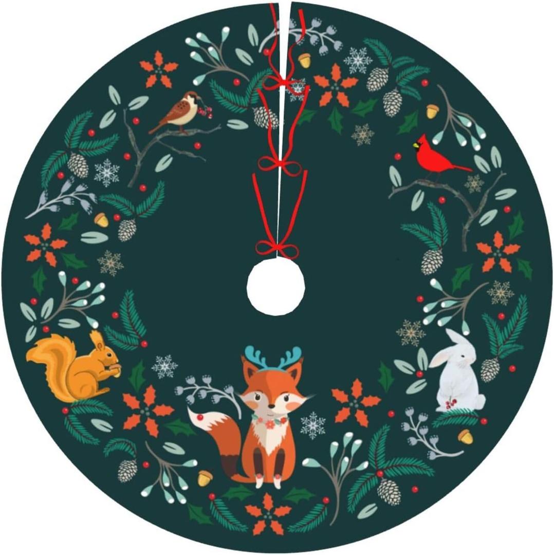 Cute Forest Animals Christmas Tree Skirt 36" Fox Rabbit Bishop Bird Tree Skirts Santa Mat for Mini Small Pencil Big X-Mas Tree Farmhouse Ornaments Decorations