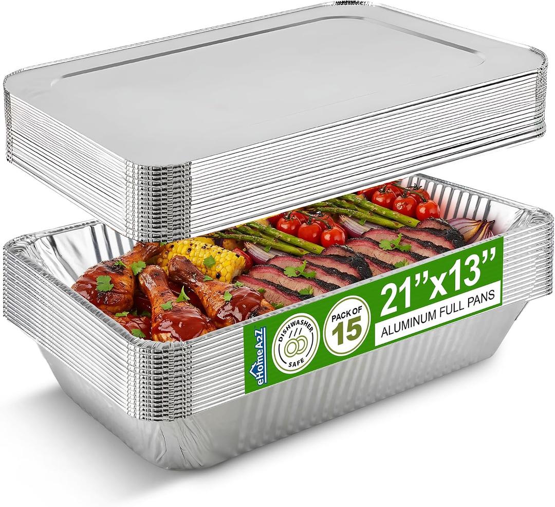 EHOMEA2Z Large Aluminum Pans With Lids Disposable Full Heavy Duty Roasting, Broiling, Baking, Catering Pans 21x13x3 (15, Full-Size w/Lids)