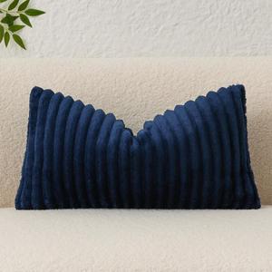 Kevin Textile Soft Plush 12x24 Inch Lumbar Pillow Cover 1 Pack, Luxury Fluffy Faux Fur Striped Flannel Rectangle Cushion Case for Couch Sofa Chair Bed Home Decor, Navy Blue