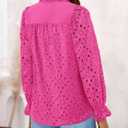 PRETTYGARDEN Women's Dressy Casual Blouse Tops Fall Spring Puff Long Sleeve Button V Neck Hollow Out Lace Embroidered Shirts (Pink)