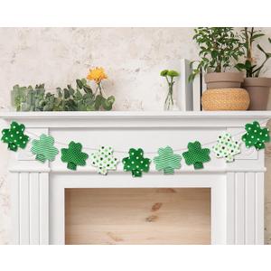 Whaline 3D St. Patrick's Day Banner Soft Cute Shamrock Garland Pre-Assembled Green White Clover Fabric Banner for Irish Holiday Hanging Decor Home Party Supplies