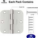 Door Hinges Brushed Nickel - 30 Pack Nickel Door Hinges 3.5 Inch Rounded Interior Satin Nickel Door Hinge with 5/8" Radius - Flat Iron Residential Standard 3 1/2 Inches Silver Door Hardware