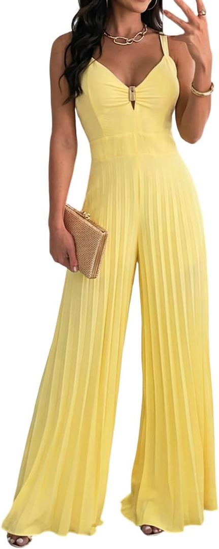 CHICME Women 2026 Sleeveless Deep V Sling Jumpsuit High Waist Pleated Jumpsuit Casual Beach Party Outfit with Lining (Small, Yellow)