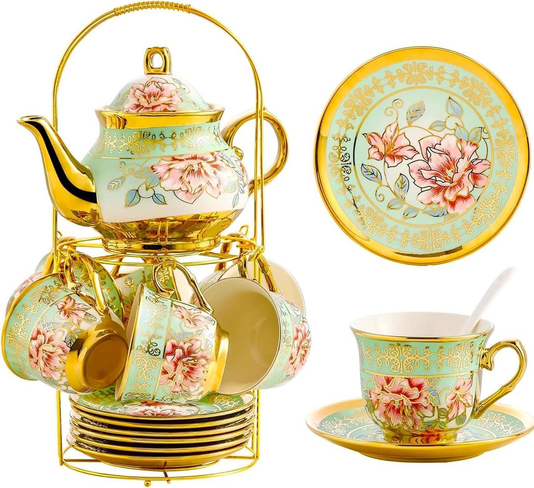 20 Pieces Porcelain Tea Set With Metal Holder, European Ceramic tea set for adults,Flower Tea Set,Tea Set For Women With Flower PaintingLight Green (Large version)