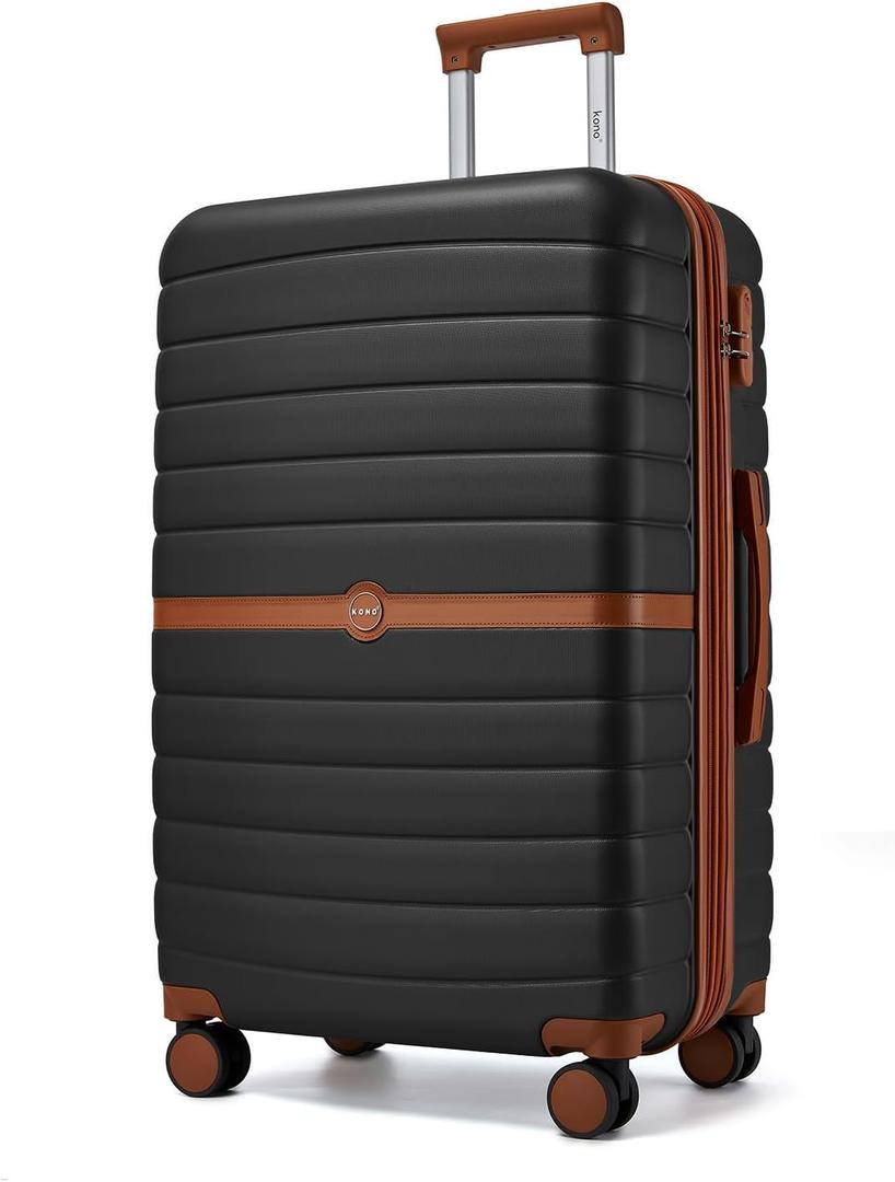 Kono Expandable 28 Inch Luggage with Spinner Wheels, Large Checked Luggage with Lock, Lightweight & Anti-Scratch PC+ABS Hardshell Travel Suitcase, Black/Brown