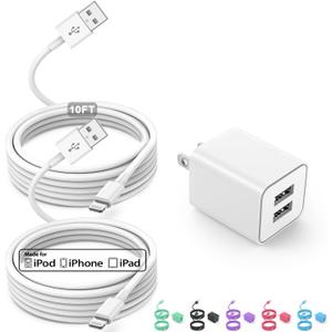 USB Wall Charger and Lightning Cable,[Apple MFi Certified] iPhone Charger with Lightning Cord,2 Ports Charging Plug Block Box for iPhone 12/11/XR/X/Xs/Xr/8/7/6/6s Plus/SE/5c/iPad-10FT-White