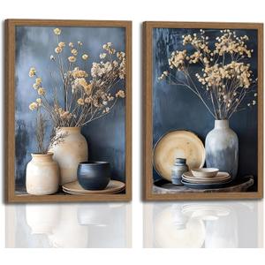 Framed dried radish flower wall art Vintage floral ceramic kitchen wall decorations Farmhouse Countryside Still Life on Neutral Canvas for Dining Room Bedroom Living Room Wall Decor 16x24in
