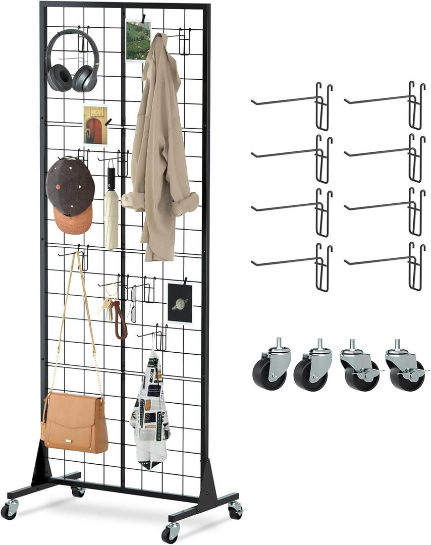 Urban Deco Gridwall Panel Display Stand - Craft Show Display Rack with Extra 8 Hooks, 2' x 5.5' Ft Black Metal Grids Standing Wire Rack for Retail Art Fair - 1 Set