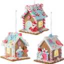 3Pcs Pastel Gingerbread House Ornaments - Candy Clay House with Led Light Hanging Ornament for Christmas Tree Xmas Holiday New Year Home Party Decorations