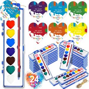 24 Pack Heart Watercolor Paint Set, Water Color Paint Set for Kids, 8 Colors Valentines Watercolor Paints Sets with Card Paintbrush, Washable Paints for Valentines Party Favors Classroom School Gifts