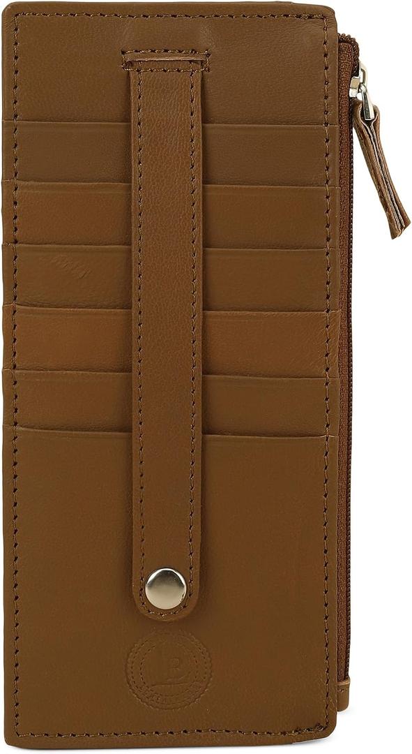 All in One Card Case Holder Slim Wallet With a Card Protection Strap by Leatherboss (Tan)