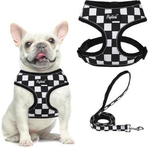 PUPTECK Soft Mesh Dog Harness and Leash Set Pet Puppy Cat Comfort Padded Vest No Pull Harnesses, Checkered Black&White, L