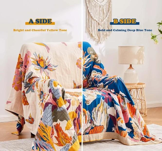 Boho Throw Blanket, 100% Cotton Ultra Soft Luxury Throw Rustic Quilt, 50"x60" Floral Bird Butterfly Farmhouse Decor Bed Blankets, All Season Rustic Reversible Bohemian Throw for Bed - Yellow