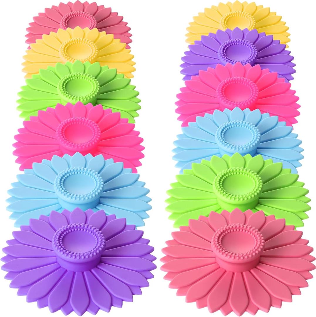 Hoolerry 12 Sets Silicone Cup Covers Multicolored Silicone Cup Lids Mug Cover Outdoor for Hot Drinks, Tea, Coffee, 6 Colors(Sunflower,Bright Color)