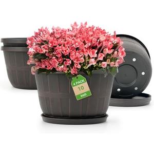 Quarut 10 inch Plastic Flower Pots for Indoor Plants，4 Pack Large Outdoor Planter Pot with Drainage Holes & Saucers，Imitation Wine Barrel Design，for Indoor Outdoor Garden Plants（Brown）