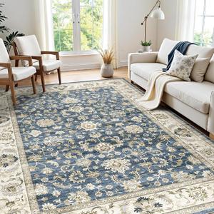 WITSHOCK 7x9 Area Rugs for Living Room: Machine Washable Non Slip Vintage Carpet - Low Pile Lightweight Print Rug for Bedroom Dining Room - Stain Resistant for Household - Pet Owners (Blue)