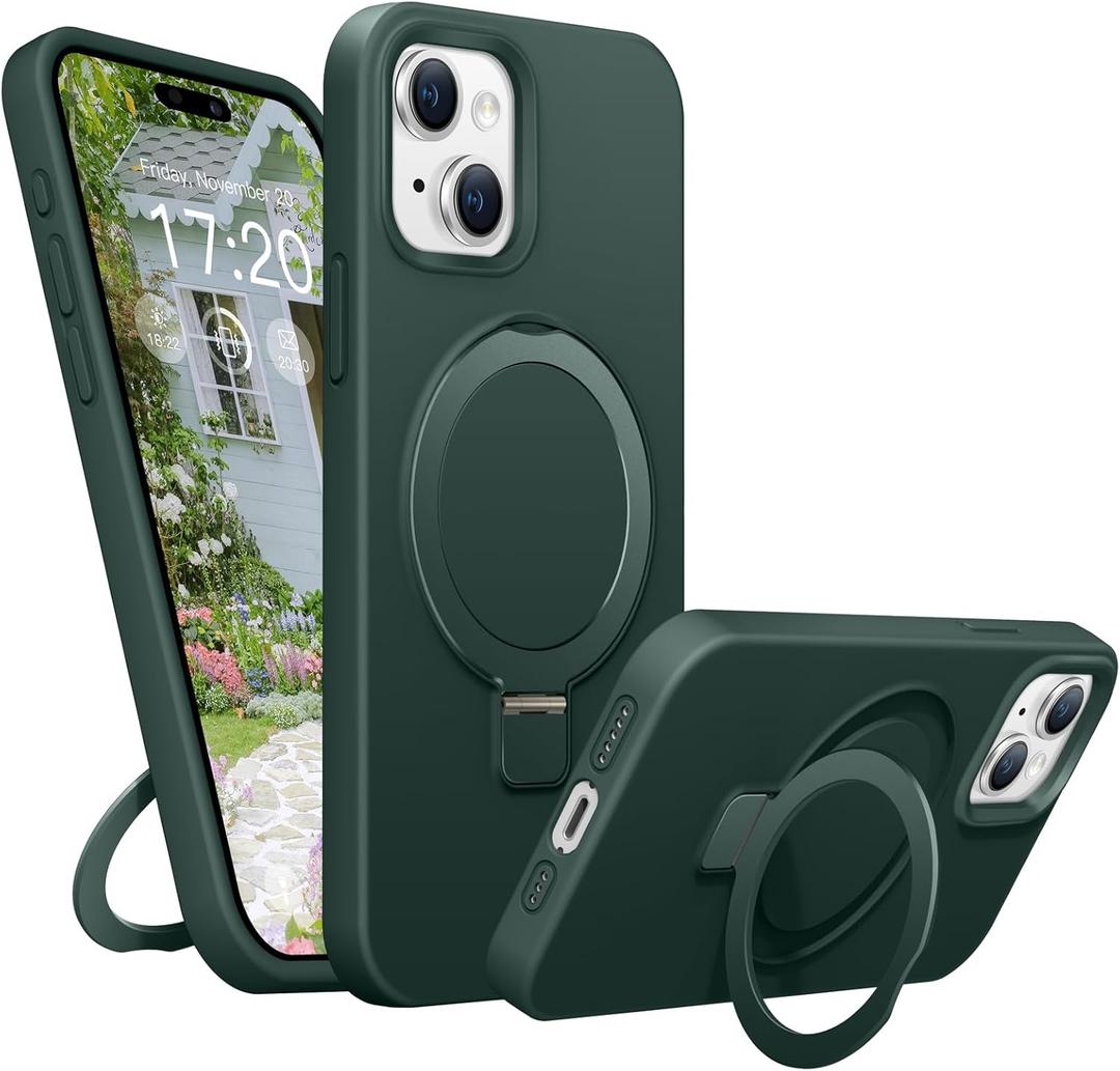 Soft Liquid Silicone Case for iPhone 15 with Magnetic Invisible Stand, Military Grade Shockproof Protection, Anti-Scratch Microfiber Lining Covers for iPhone 15, Pine Green