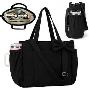 Yinkin Tote Bag with Tumbler Cup Holder for Women 15.6" Laptop Compartment Bow Lightweight Puffy Work Bag Teacher Nurse