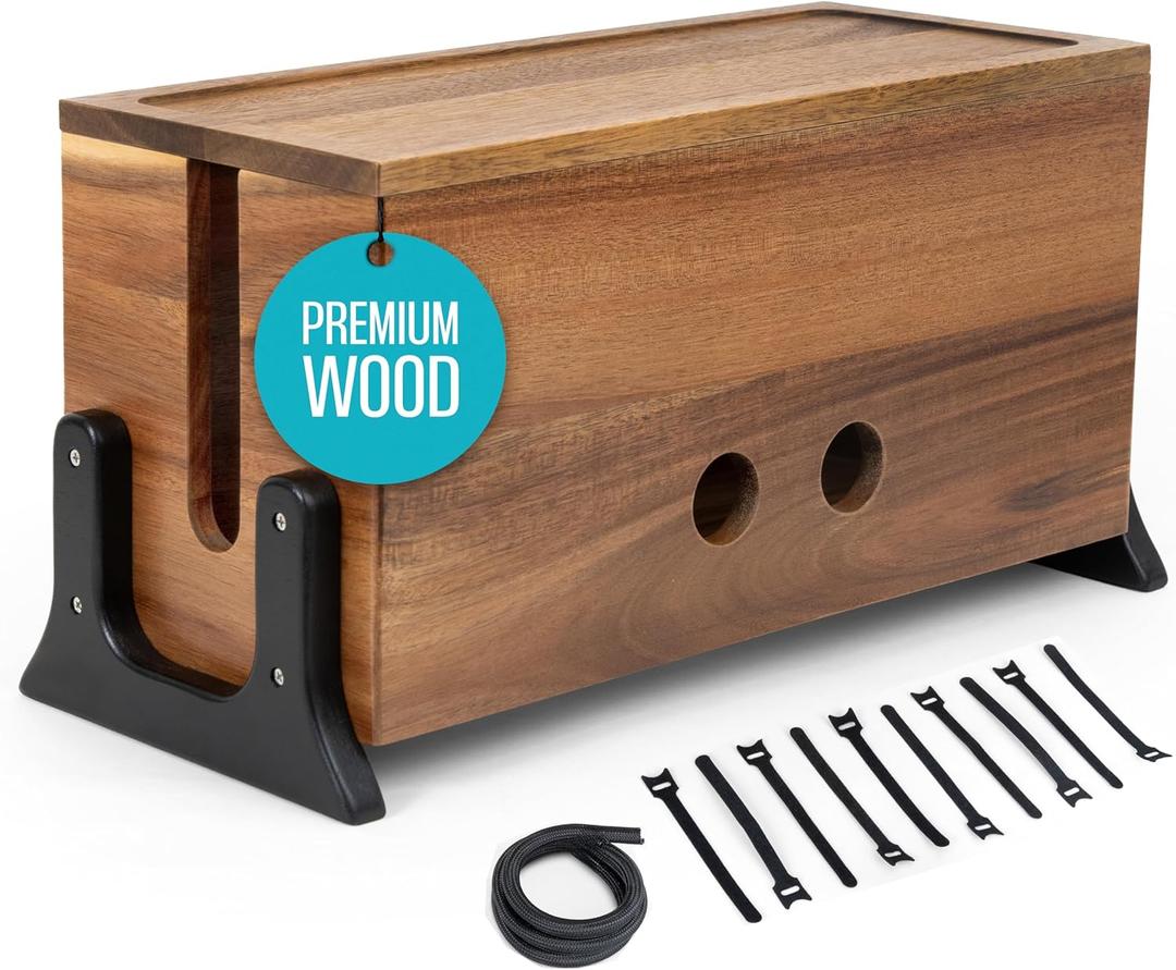Extra Large Cable Management Box, Wood Cord Hider Box & Organizer for Power Strip, TV Wires & Desk Cable Storage (Solid Acacia)