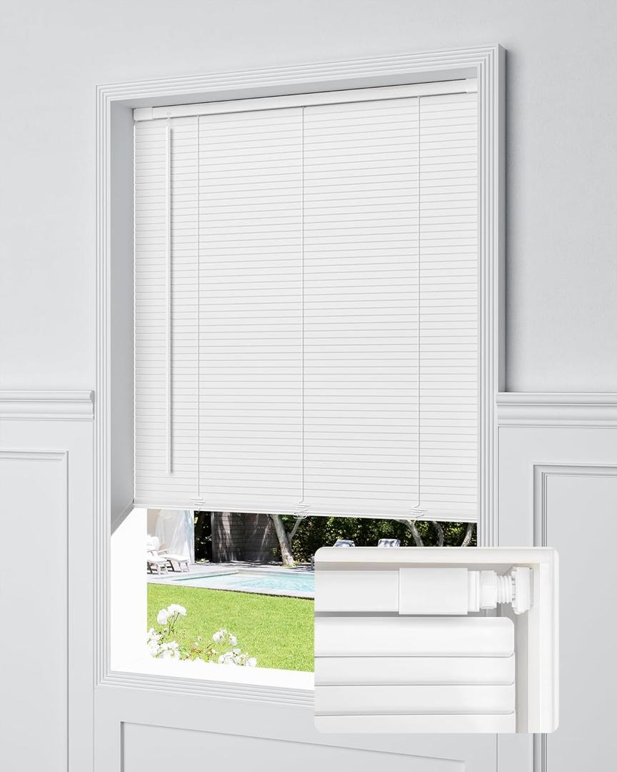 UNISHADES No Drill Blinds for Windows 1" Vinyl L-Shaped Slats Cordless Mini Blinds for Home, for Window Size 23" W 36" H White