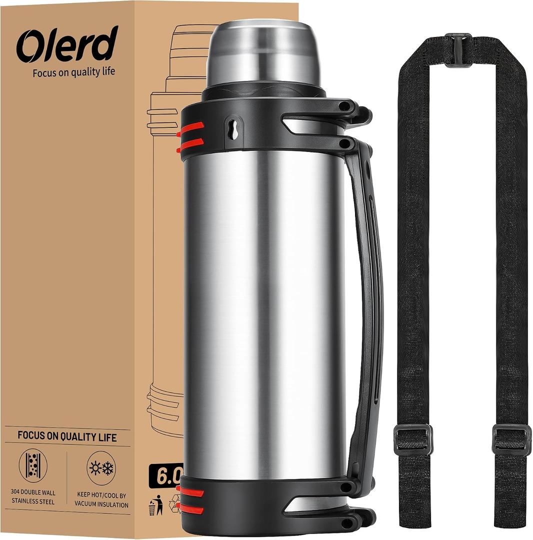 Large Thermosflask- 202oz Stainless Steel Insulated Bottle for Travel with BPA Free Cup - 6L Oversized Vacuum Insulated Thermoses with Handle and Strap for Hot & Cold Drinks(Silver)
