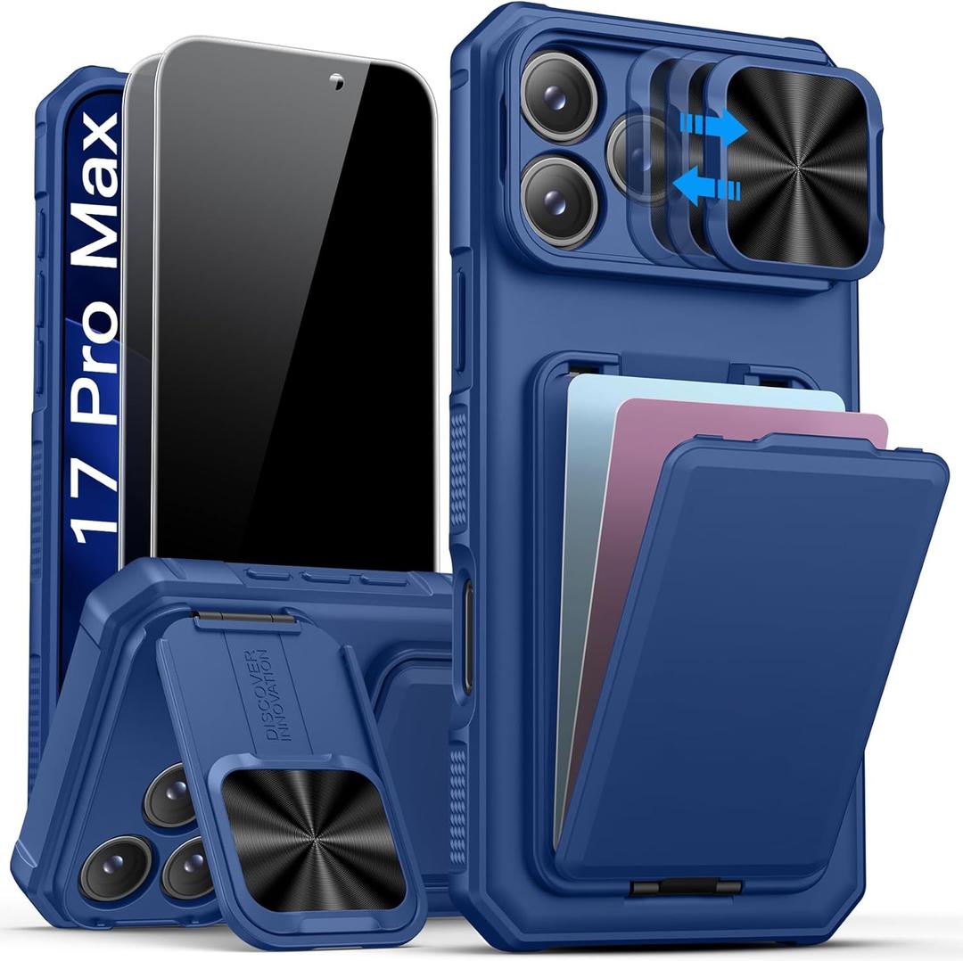 SSLOTSCASE for iPhone 17 Pro Max Case with Stand & Credit Card Holder & Sliding Camera Cover & Camera Stand & Wallet, Rugged Silicone Edge Protective Case Cover for iPhone 17 Pro Max 6.9'' 2025, Blue