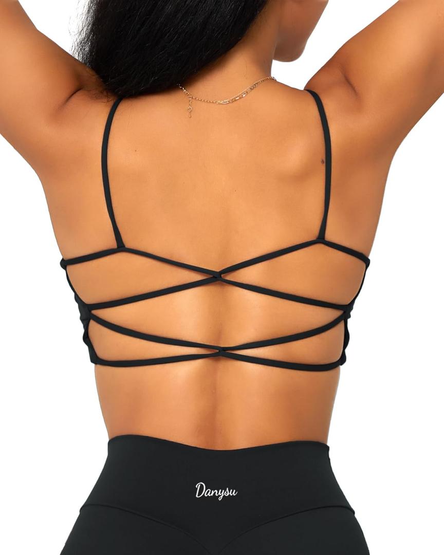 Danysu Backless Sports Bra Soft Workout Tops with Removable Padded Yoga Training Bras Strappy Going Out Top (X-Large, #1.crisscross Black)