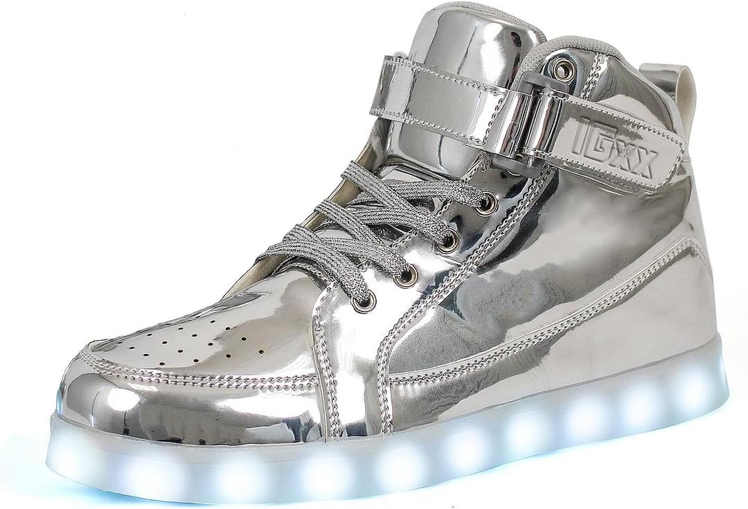 IGxx LED Light Up Shoes for Men USB Recharging High Top LED Sneakers Women Kids (10 Women/9.5 Men, Silver)