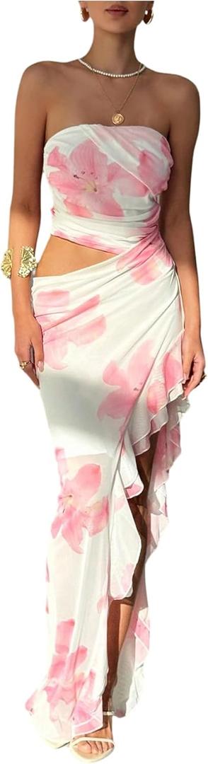 Milumia Women's Floral Cut Out Vacation Dress Ruffle Asymmetrical Strapless Sundress Long Dresses (Pink and White) S