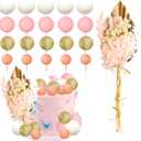 Ephlyn 21Pcs Ball Cake Toppers Flower Palm Leaf Cake Decorations for Bohemian Theme Boho Birthday Wedding Baby Shower Party Supplies Gold Pink