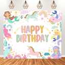 Avezano Mermaid and Unicorn Birthday Backdrop Cartoon Mermaid Birthday Party Decorations Rainbow Unicorn Theme Party Decoration Girls' Happy Birthday Background Banner (6x5ft(72x60in))
