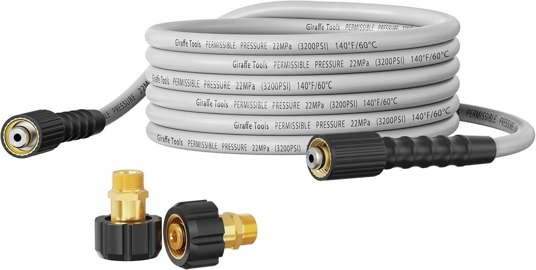 Giraffe Tools Pressure Washer Hose 25FT, 3200 PSI 1/4 M22-14 mm Fitting Power Washer Hose, Kink Resistant High Pressure Washing Hose Extension with Two M22 15mm Female to M22 14mm Male Adapter Sets