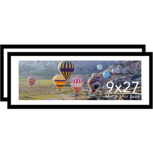 JCJMY 9x27 Picture Frame Set of 2 with 8x24 Mat, Display Photo 8x24 with Mat or 9 x 27 Without Mat, Wall Hanging Large 9 by 27 Poster Frame with Plexiglass, 2 Pack, Black