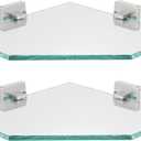 JQK Corner Glass Shelf, Brushed Steel Bathroom 304 Stainless Steel Shower Triangle Floating Wall Shelf, 10 x 10 Tempered Glass, 2 Pack, TGS290L10-BN-P2