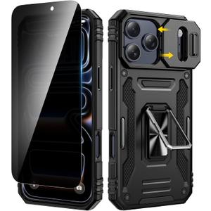 VEGO for iPhone 17 Pro Max Case, with Slide Camera Cover & Privacy Tempered Glass Screen Protector & Ring Kickstand Military Grade Heavy Duty Protection Cover for iPhone 17 ProMax - Black