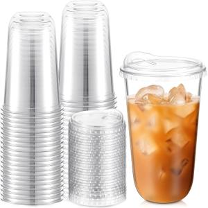 Baderke 50 Pcs Round Bottom Plastic Cups with Sip Lids Clear Disposable Iced Coffee Cups for Smoothie Cold Beverage Coffee Shops and Party Catering (18 oz, Clear)