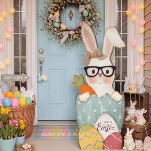 Yerliker 35 Inch Easter Wooden Porch Sign Bunny Standing Sign Decoration Easter Cute Rabbit Outdoor Decor Egg Shape Decor for Porch, Yard, Front Door, Garden, Patio, Outdoor
