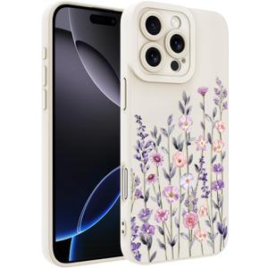 Designed for iPhone 16 Pro Case, Cute Flower Floral Pattern Design, Slim Soft TPU Liquid Silicone Protective Cover for Women Girls - White