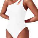 Women One Shoulder One Piece Swimsuit Tummy Control Bathing Suits Modest Full Coverage Cutout Swimwear (Small, White)