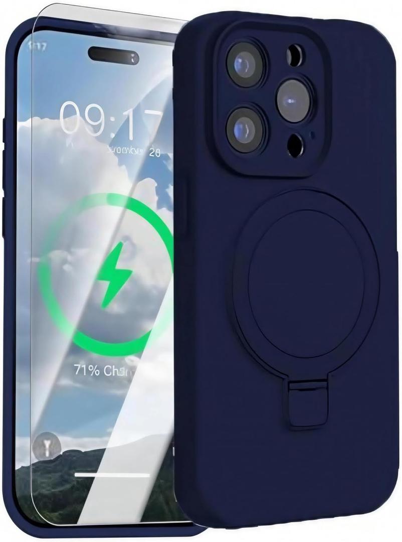 Mag-Ring Designed for iPhone 16 Pro Case, Liquid Silicone Soft Slim Phone Case with Stand [MagSafe Compatible] 1x Screen Protector Included (Midnight Blue, iPhone 16 Pro)
