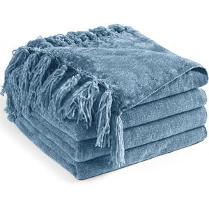 Chenille Throw Blanket for Couch 60"X 80" Twin, Soft Cozy Throws with Fringe Tassel for Bed Sofa Chair Cover, Lightweight Knitted Decorative Boho Blankets for Living Room, Dusty Blue