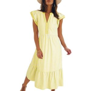 Dokotoo Sundresses for Women V-Neck Ruffle Cap Sleeve Empire Waist Side Pockets Striped Long Dress Vacation Outfits Summer Dress Yellow Large