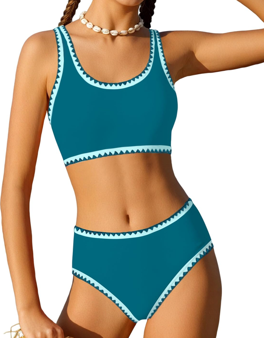 WIQI Girls Swimsuits Bikini Set 2 Piece Bathing Suit Color Contrast Trim Swimwear Size 7-16