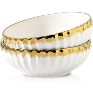 LETAOTAO Serving Bowls, 10 inch Extra Large Salad Bowl Set of 2, Ceramic Bowl with Gold Trim, Kitchen Decorative Bowls Porcelain Mixing Bowls for Salad, Soup, Pasta and Dinner