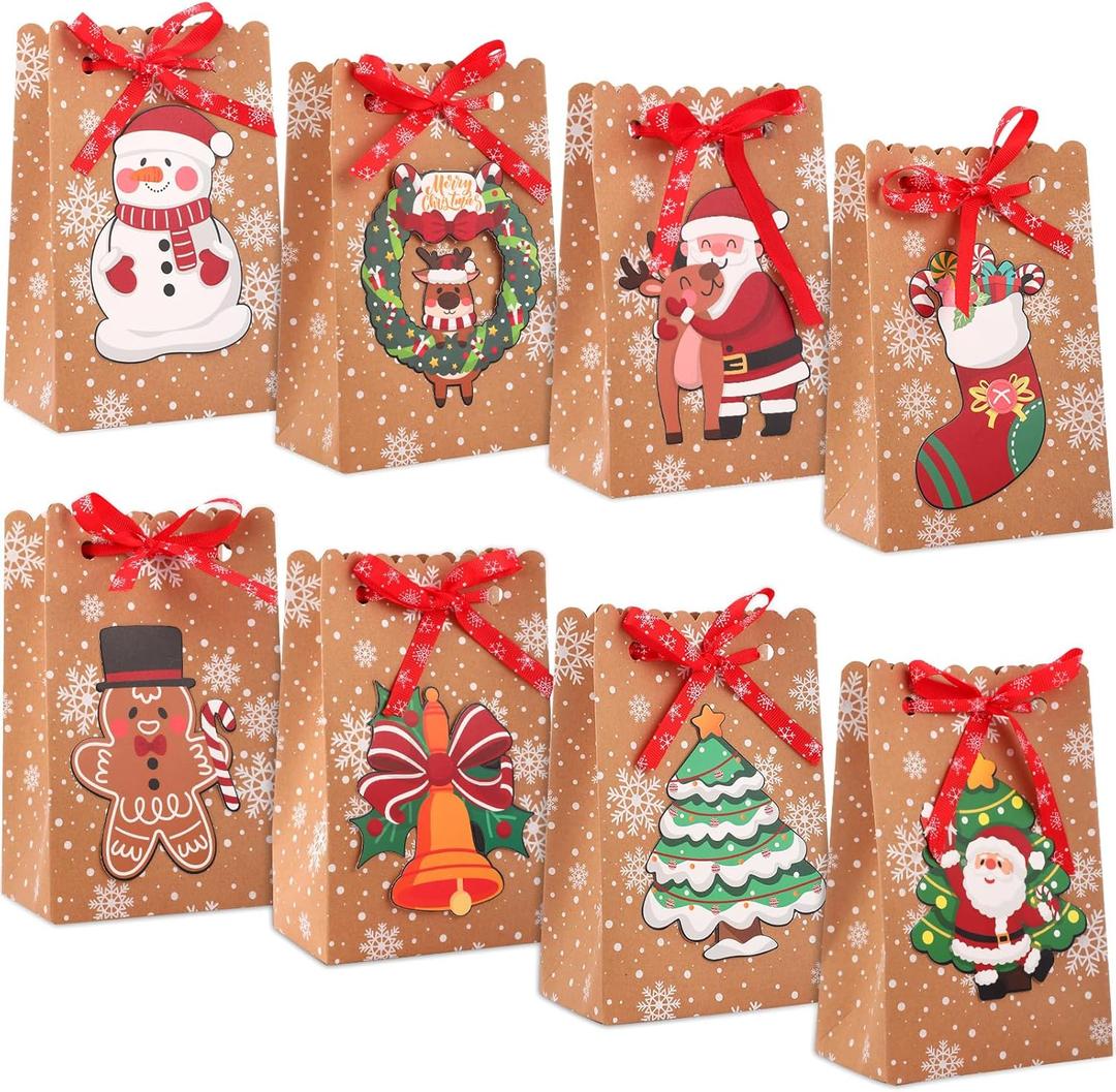 Qeeenar 48 Pcs Christmas Kraft Treat Bags Bulk Xmas Holiday Cookie Goodie Bags with Ribbon for Christmas Party Gifts Supplies, 8 Designs(Cute Style)