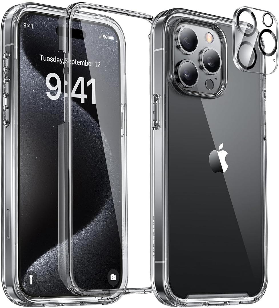 Miracase Glass Series for iPhone 15 Pro Max Case 6.7 Inch, Full-Body Drop Proof Phone Case for iPhone 15 Pro Max with Built-in 9H Tempered Glass Screen Protector + Camera Protector, Clear Black