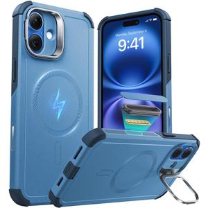 ESR for iPhone 16 Plus Case with Stash Stand, Camera Control, 23FT Military-Grade Shock-Absorbing Drop Protection, Compatible with MagSafe Accessories, Magnetic Cyber Series, Light Blue